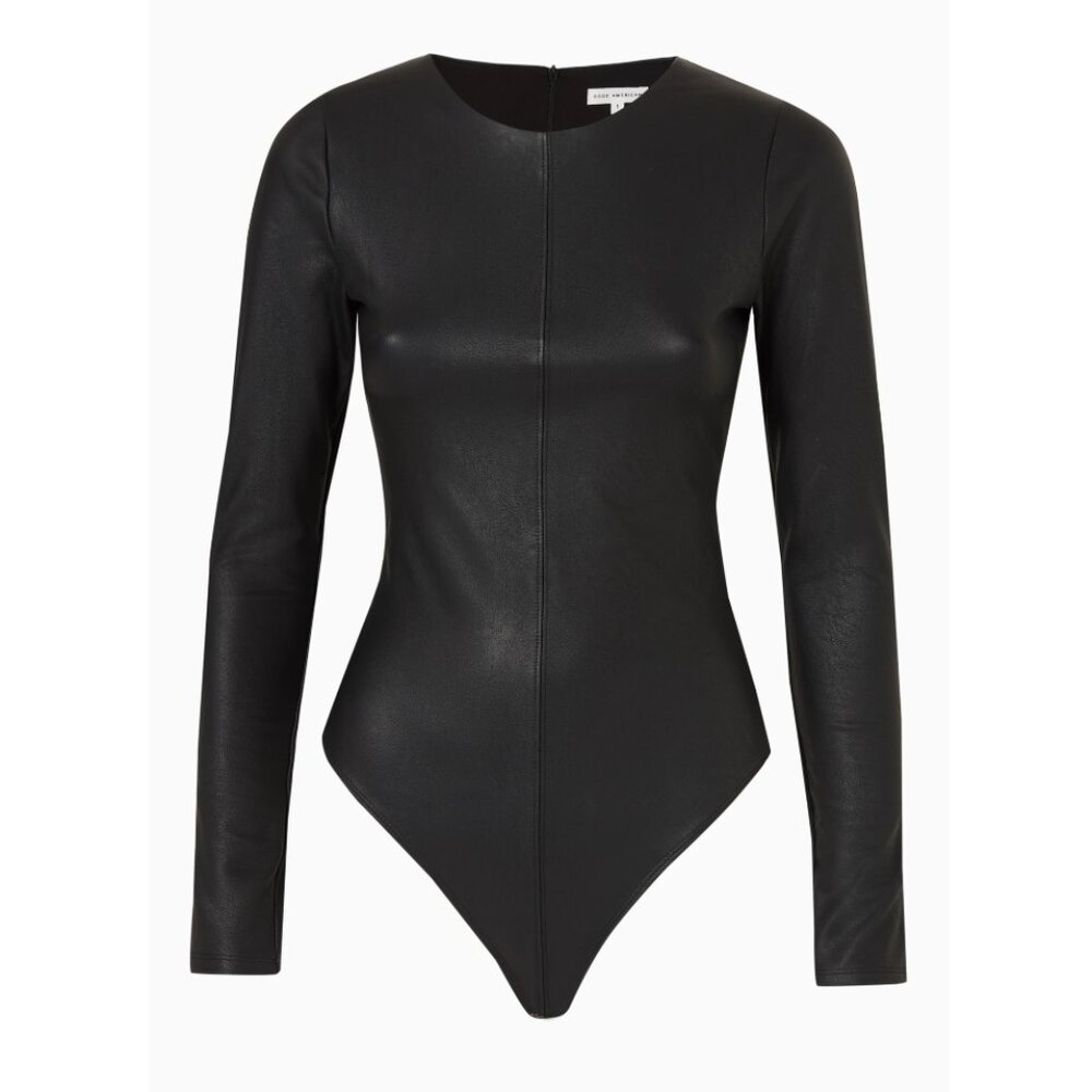 Good American Black Long Sleeve Faux Leather Bodysuit